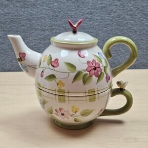 Home Interiors Stacked Tea Pot and Cup Butterfly Floral Flowers Tea for One READ